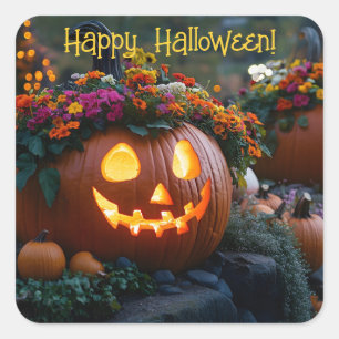 Adesivo Quadrado Abóboras de Halloween talhadas com flores