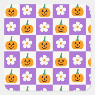 Adesivo Quadrado Abóboras de Halloween Xadrez e Flores Retrô