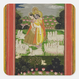 Adesivo Quadrado Abraço de Radha e de Krishna em um landscap
