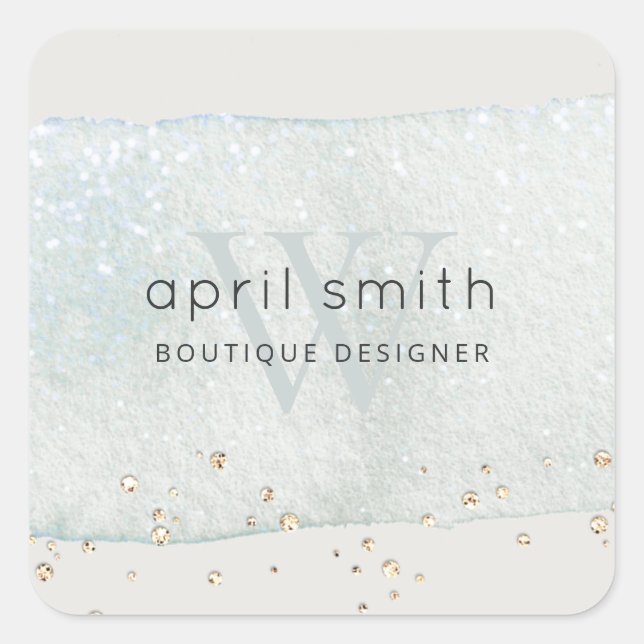Adesivo Quadrado Abstrato Aqua Blue Bruske Stoke Monograma Glitter (Frente)