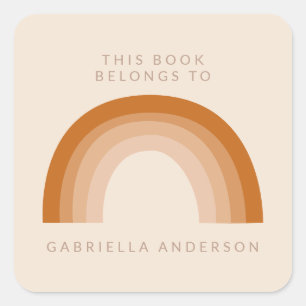 Adesivo Quadrado Abstrato Boho 70s Rainbow Terracotta Bookplate