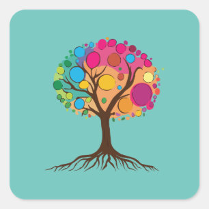 Adesivo Quadrado Abstrato com raízes e folhas coloridas.