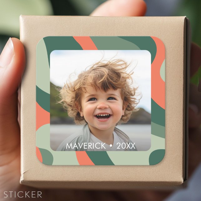 Adesivo Quadrado Abstrato de Linha Orgânica - 1 Foto Jade Tangerine (Custom Sticker - Personalize with your info for a party favor or gift)