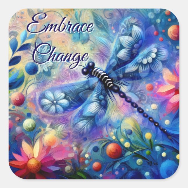 Adesivo Quadrado Abstrato Dragonfly Floral Teal Azul Cor-de-rosa (Frente)