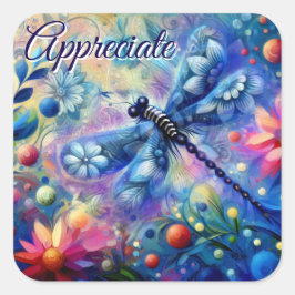 Adesivo Quadrado Abstrato Dragonfly Floral Teal Azul Cor-de-rosa