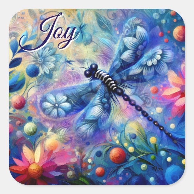 Adesivo Quadrado Abstrato Dragonfly Floral Teal Azul Cor-de-rosa (Frente)