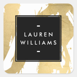 Adesivo Quadrado Abstrato Faux Dourados Brushstrokes em Branco