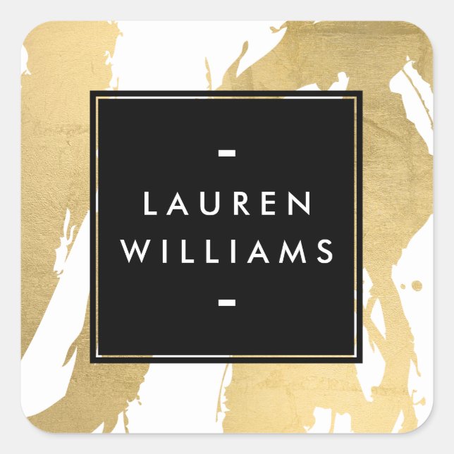 Adesivo Quadrado Abstrato Faux Dourados Brushstrokes em Branco (Frente)