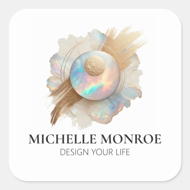 Adesivo Quadrado Abstrato Holographic Opal com Traços Dourados (Frente)