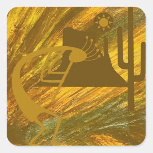 Adesivo Quadrado Abstrato Kokopelli com Mesa, Cactus e Sol