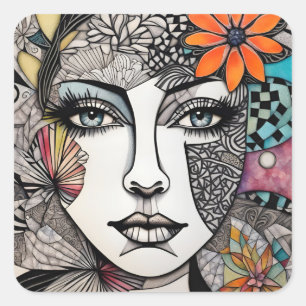 Adesivo Quadrado Abstrato Mixed Media Womans Face