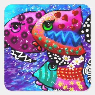 Adesivo Quadrado Abstrato Náutico Trio Colorida de Peixes Whimsical