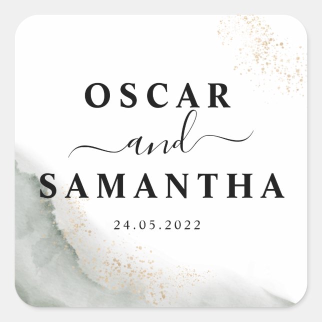 Adesivo Quadrado Abstrato Watercolor Pincel Verde Traços e Dourado (Frente)