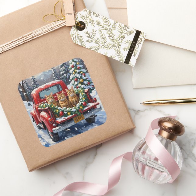 Adesivo Quadrado Abyssinian Cat Christmas Red Truck Holiday (Presentear)