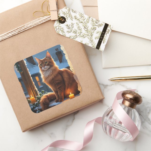 Adesivo Quadrado Abyssinian Cat With Christmas Lights Holiday (Presentear)