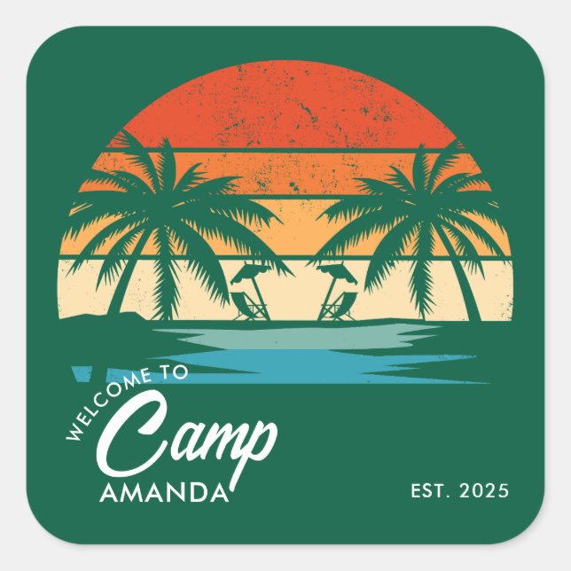Adesivo Quadrado Acampamento de Praia Personalizado Festa de Desped (Frente)