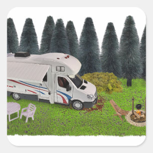 Adesivo Quadrado Acampamento RV no Ponto de Acampamento da Floresta