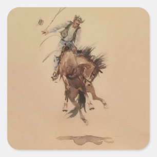 Adesivo Quadrado Açoitamento manual de um Bronc por Edward Borein