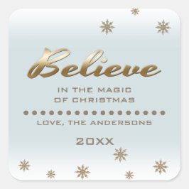 Adesivo Quadrado Acredite. Dourado Script e Flocos de Neve Natal