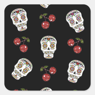 Adesivo Quadrado Açúcar Rockabilly RAB Caveiras de Açúcar Cerejas e