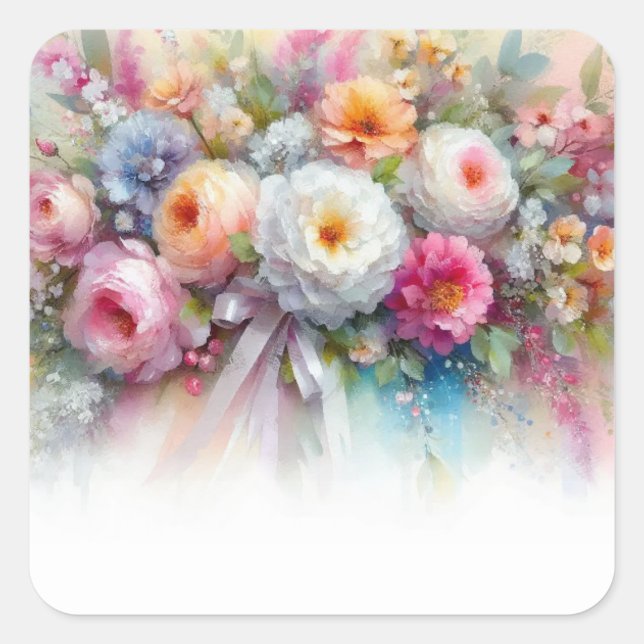 Adesivo Quadrado Add Your Text Blank Template Watercolor Flowers (Frente)