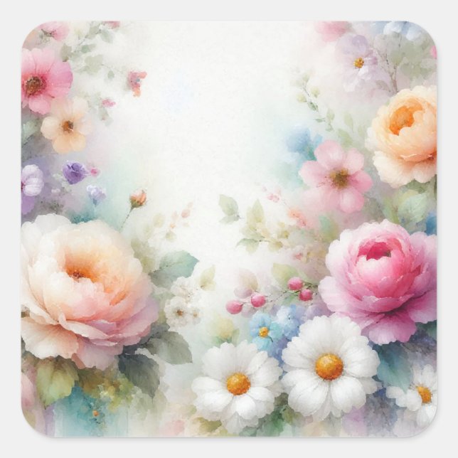 Adesivo Quadrado Add Your Text Blank Template Watercolour Flowers (Frente)