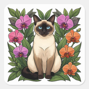 Adesivo Quadrado adereços de gato siamês floral