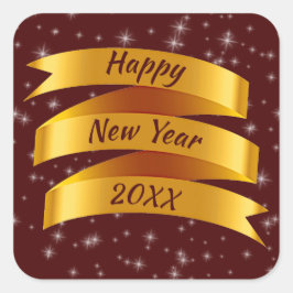 Adesivo Quadrado Adicionar Fita Dourada do Feliz ano novo de Texto 