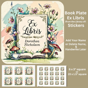 Adesivo Quadrado Adicionar Nome Ex Libris Aquarela Cottagecore