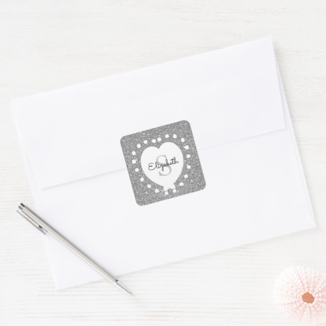 Adesivo Quadrado Adicionar Um Nome Monograma Silver Glitter White H (Envelope)