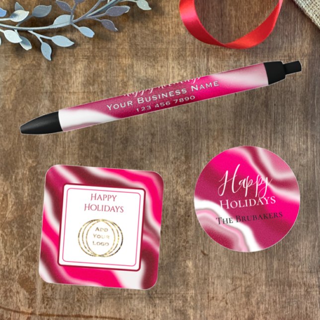 Adesivo Quadrado Adicione logotipo de empresa doce de feriado feliz (Add your business logo to these cheery cool red swirl stickers. Christmas business marketing labels.)