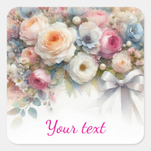 Adesivo Quadrado Adicione Seu Texto Flores de Casamento Aquarela