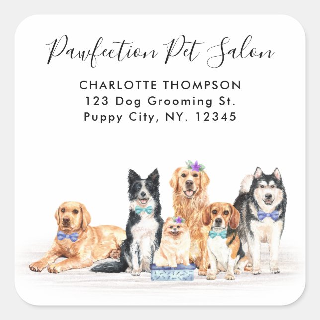Adesivo Quadrado Adorabl Dogs Pet Sitter Dog Groomer Return Address (Frente)