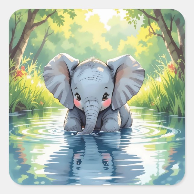 Adesivo Quadrado Adorable Baby Elephant and Reflection (Frente)