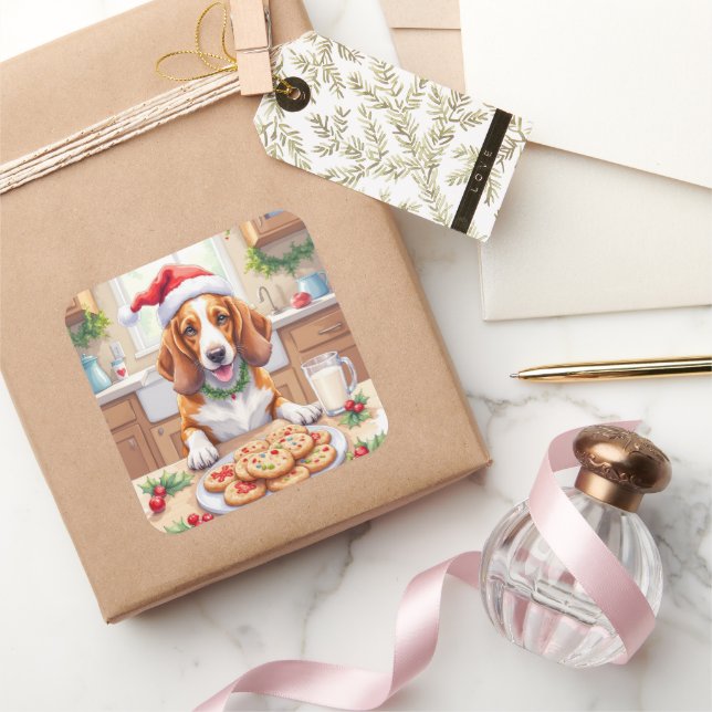 Adesivo Quadrado Adorable Basset Hound Sneaking Christmas Cookies (Presentear)