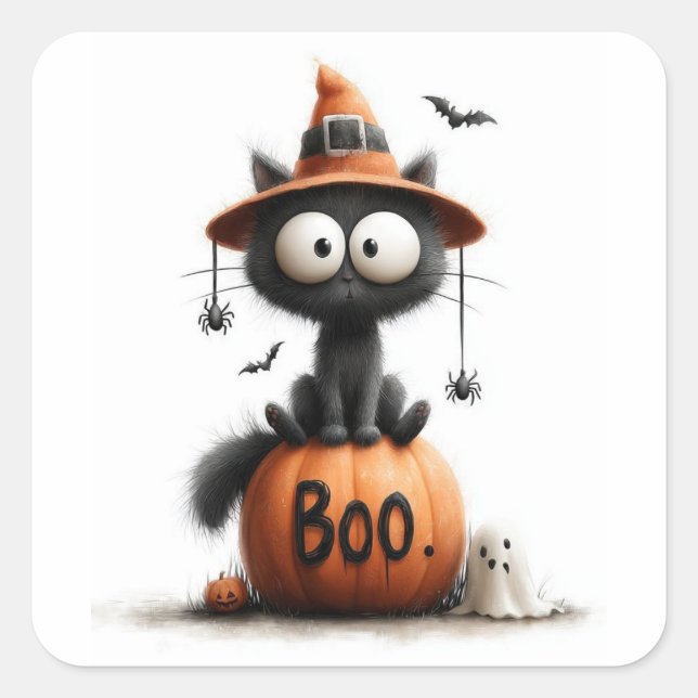Adesivo Quadrado Adorable Black Cat Witch on 'Boo' Pumpkin Sticker (Frente)
