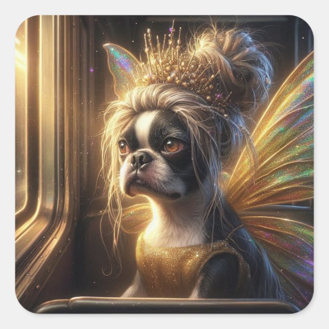 Adesivo Quadrado Adorable Boston Terrier Fairy (Frente)