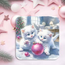 Adesivo Quadrado Adoráveis Gatinhos Brancos Rosa Natal