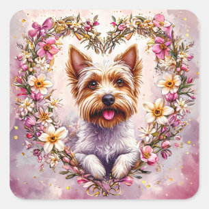 Adesivo Quadrado Adorável Arte de Yorkshire Terrier 💖Design Botâni