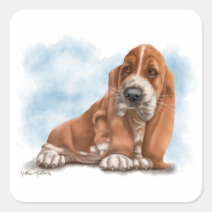 Adesivo Quadrado Adorável cachorrinho Basset Hound Cartoon