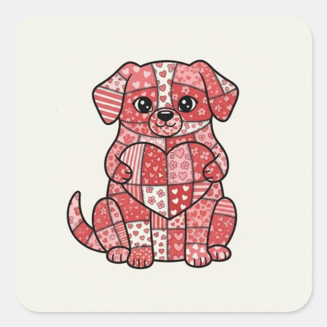 Adesivo Quadrado Adorável Cachorro de Patchwork com Ilustração de C (Frente)