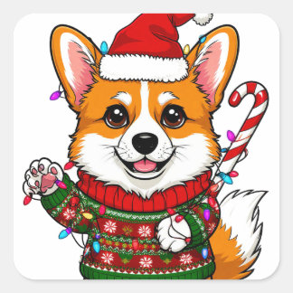 Adesivo Quadrado Adorável Corgi Com Cana de Açúcar e Luz de Natal