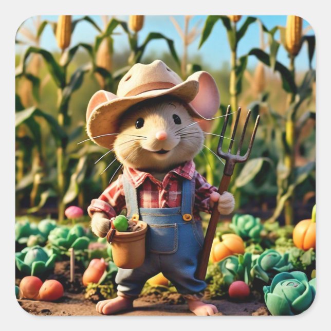 Adesivo Quadrado Adorável Fazendeiro de Mouse no Garden Sticker (Frente)