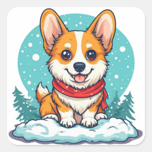 Adesivo Quadrado Adorável Filhote de Corgi na Neve com Inverno