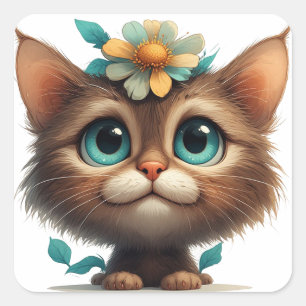Adesivo Quadrado Adorável Gatinho Com Flores💖