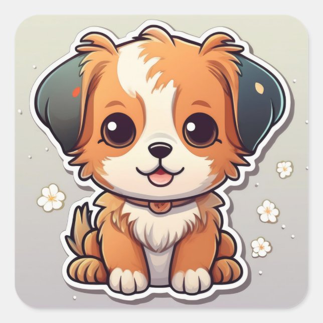 Adesivo Quadrado Adorável Kawaii Puppy Sticker (Frente)