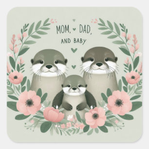 Adesivo Quadrado Adorável Otter Boho Mãe Pai e bebê