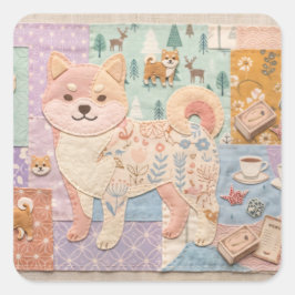 Adesivo Quadrado Adorável padrão floral patchwork de Shiba Inu japo