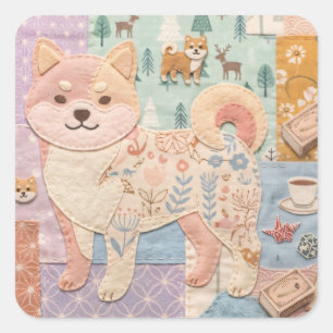Adesivo Quadrado Adorável padrão floral patchwork Shiba Inu japonês