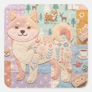 Adesivo Quadrado Adorável padrão floral patchwork Shiba Inu japonês